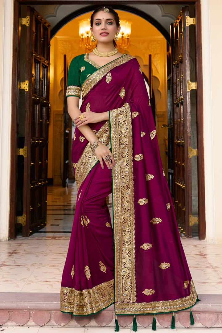 Burgundy Color Charming Embroidery Border Work Art Silk Fabric Saree