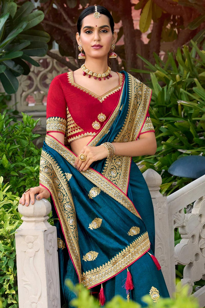 Beguiling Embroidery Border Work Teal Color Art Silk Saree
