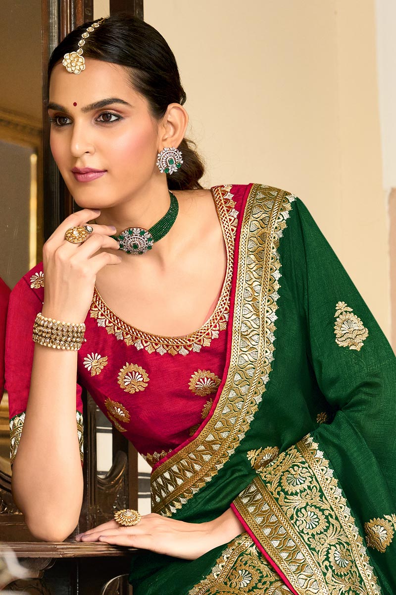 Green Color Embroidery Border Work Art Silk Fabric Lovely Saree