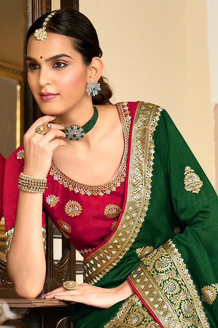 Green Color Embroidery Border Work Art Silk Fabric Lovely Saree