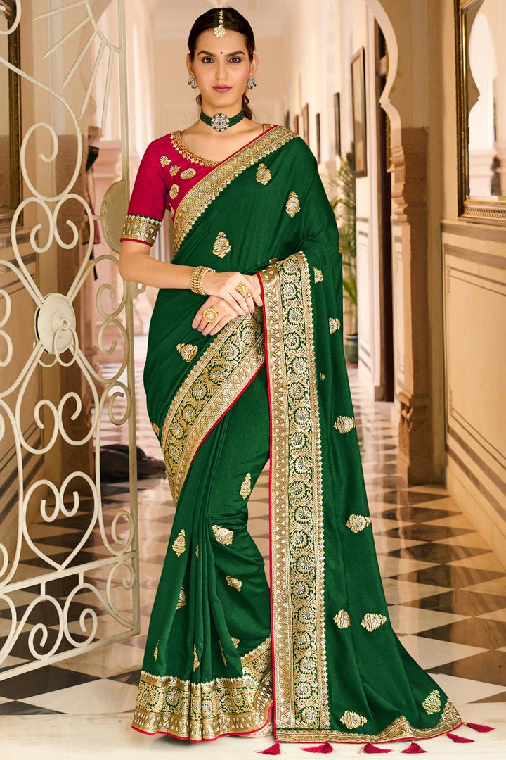 Green Color Embroidery Border Work Art Silk Fabric Lovely Saree