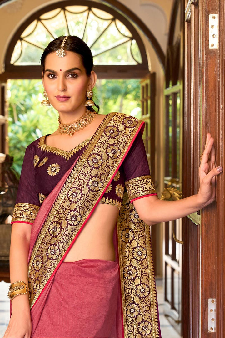 Pink Color Alluring Art Silk Fabric Embroidery Border Work Saree