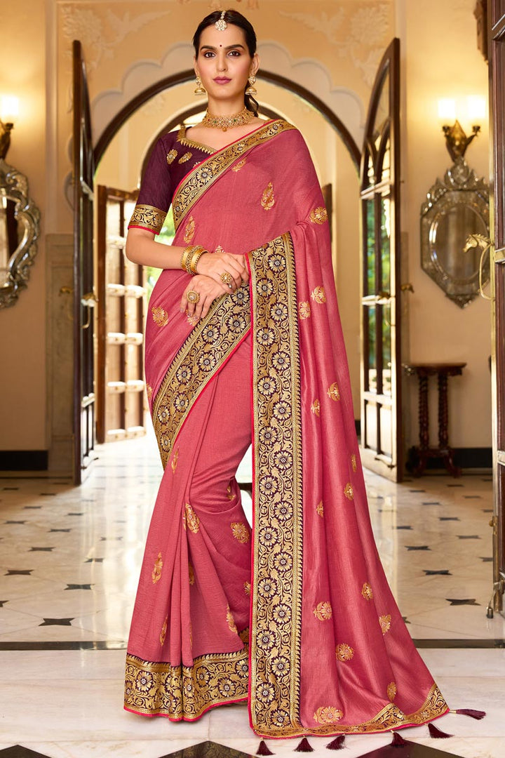 Pink Color Alluring Art Silk Fabric Embroidery Border Work Saree