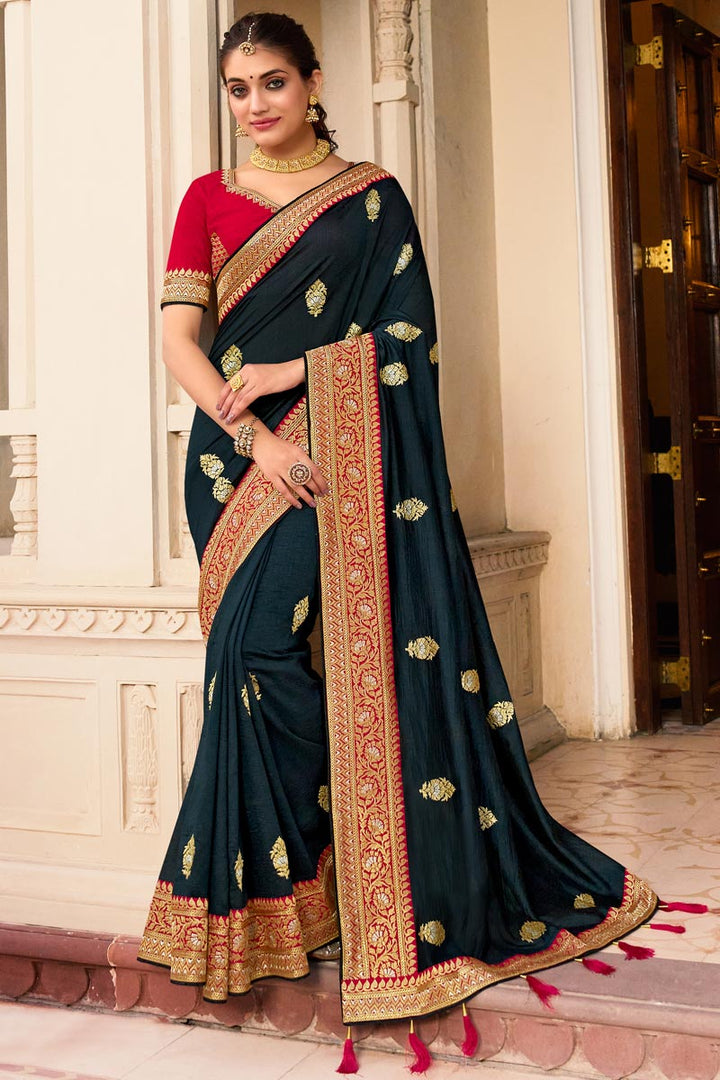 Art Silk Fabric Embroidery Border Work Radiant Saree In Teal Color