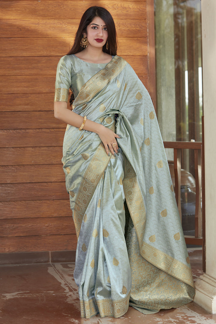 Silk Fabric Grey Color Festival Wear Rich Pallu Saree With Weaving Work