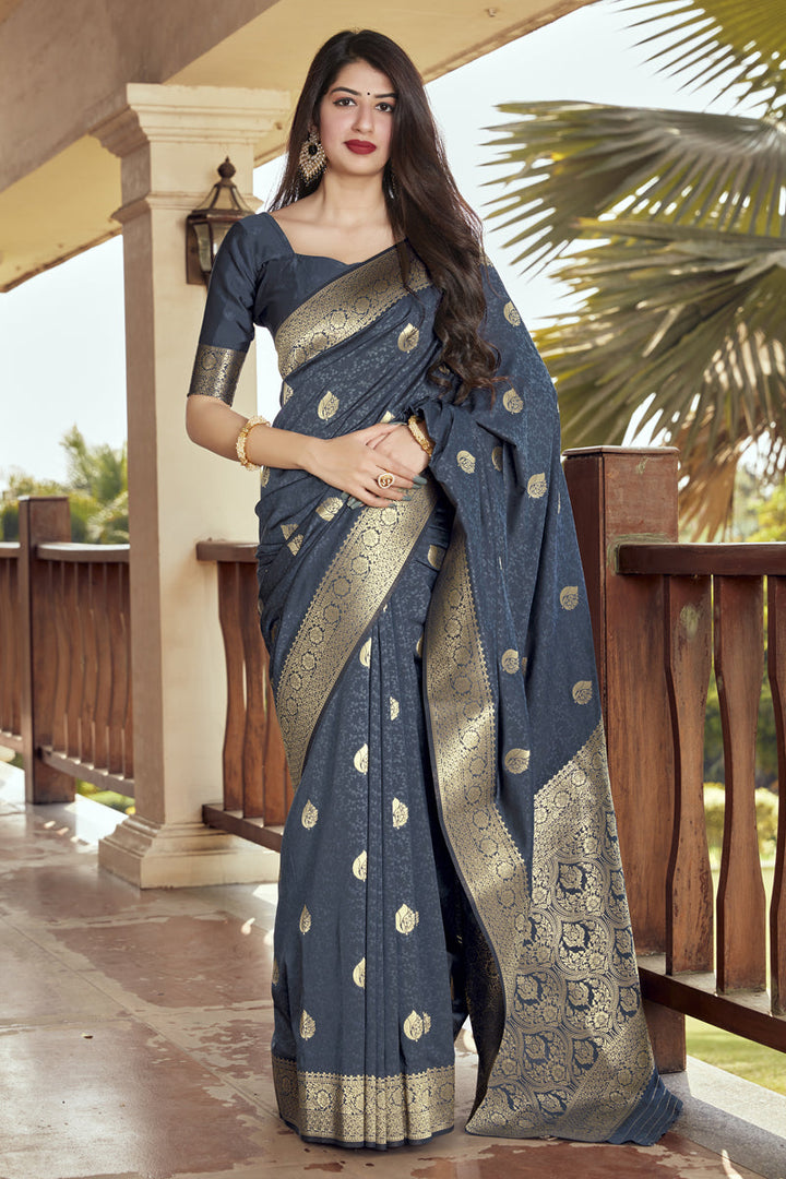 Silk Fabric Grey Color Festival Wear Saree With Weaving Work