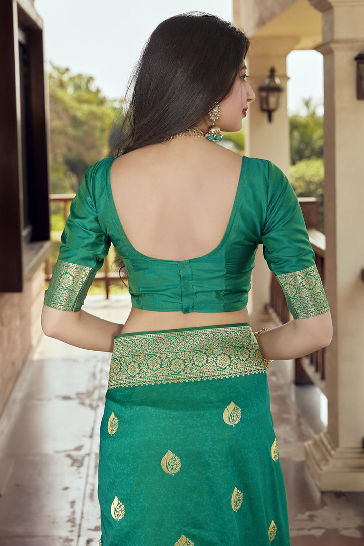 Weaving Work On Green Color Saree In Silk Fabric