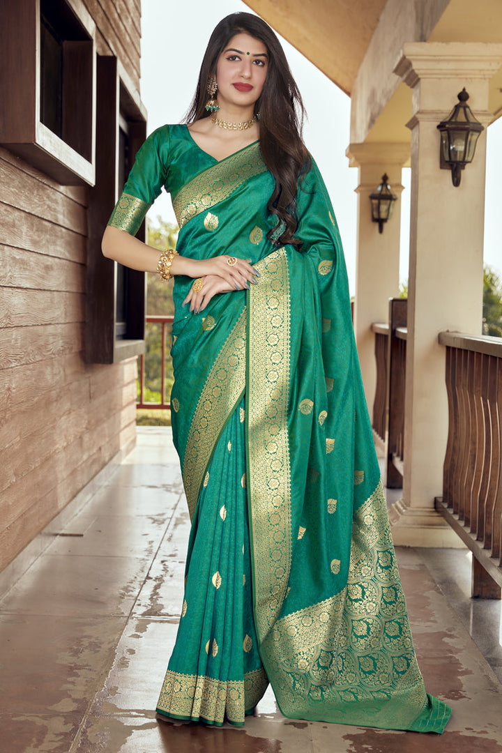 Weaving Work On Green Color Saree In Silk Fabric