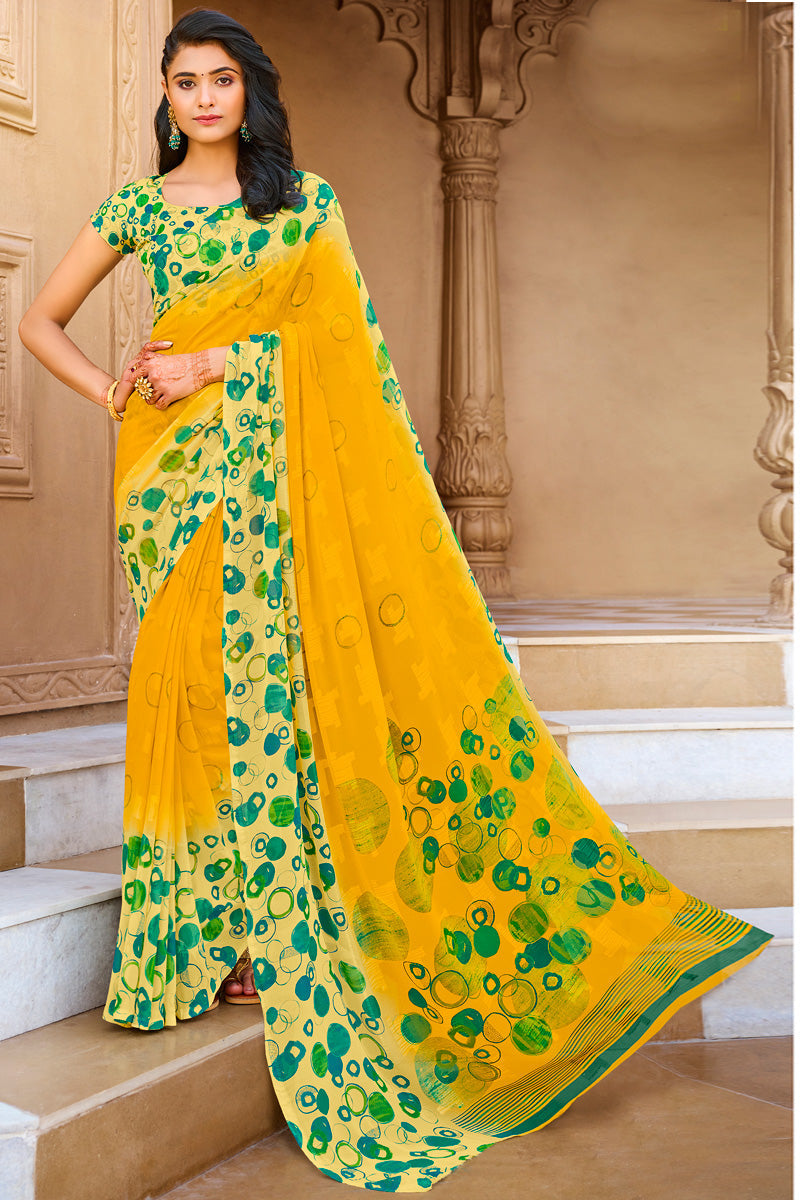 Stylish Light Weight Georgette Saree In Yellow Color | Buy Online India