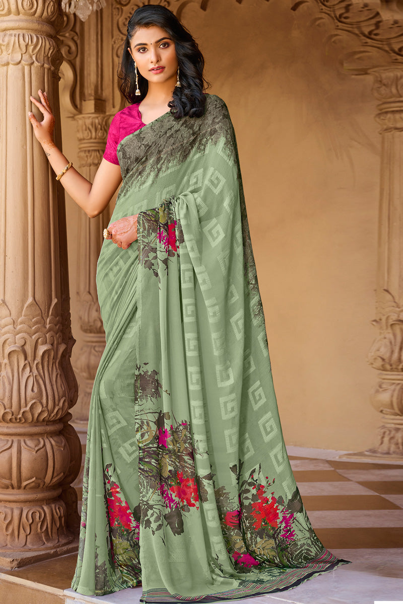 Olive Color Vintage Light Weight Georgette Saree | Buy Online India