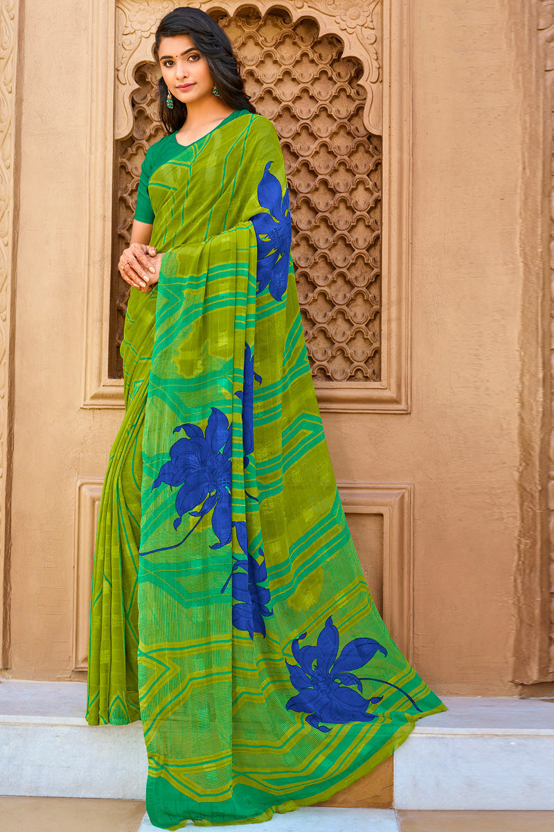 Luminous Light Weight Georgette Saree In Green Color