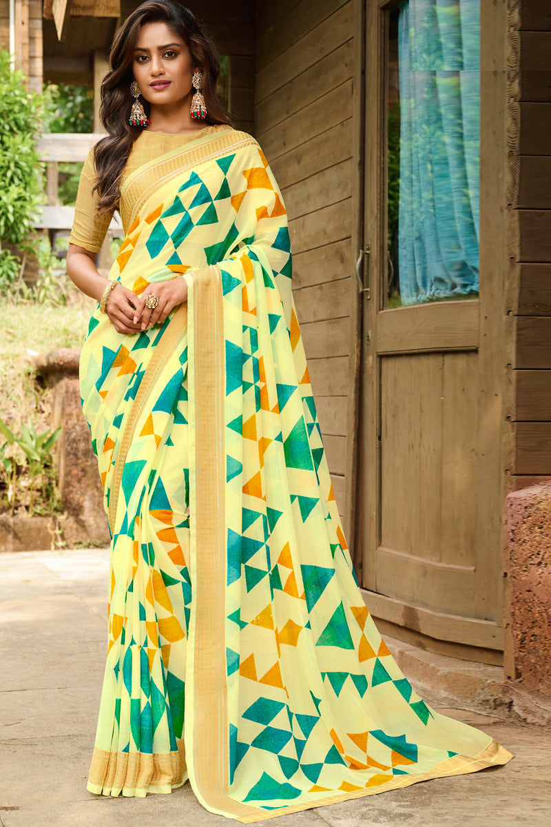 Casual Look Cream Color Sober Georgette Printed Saree
