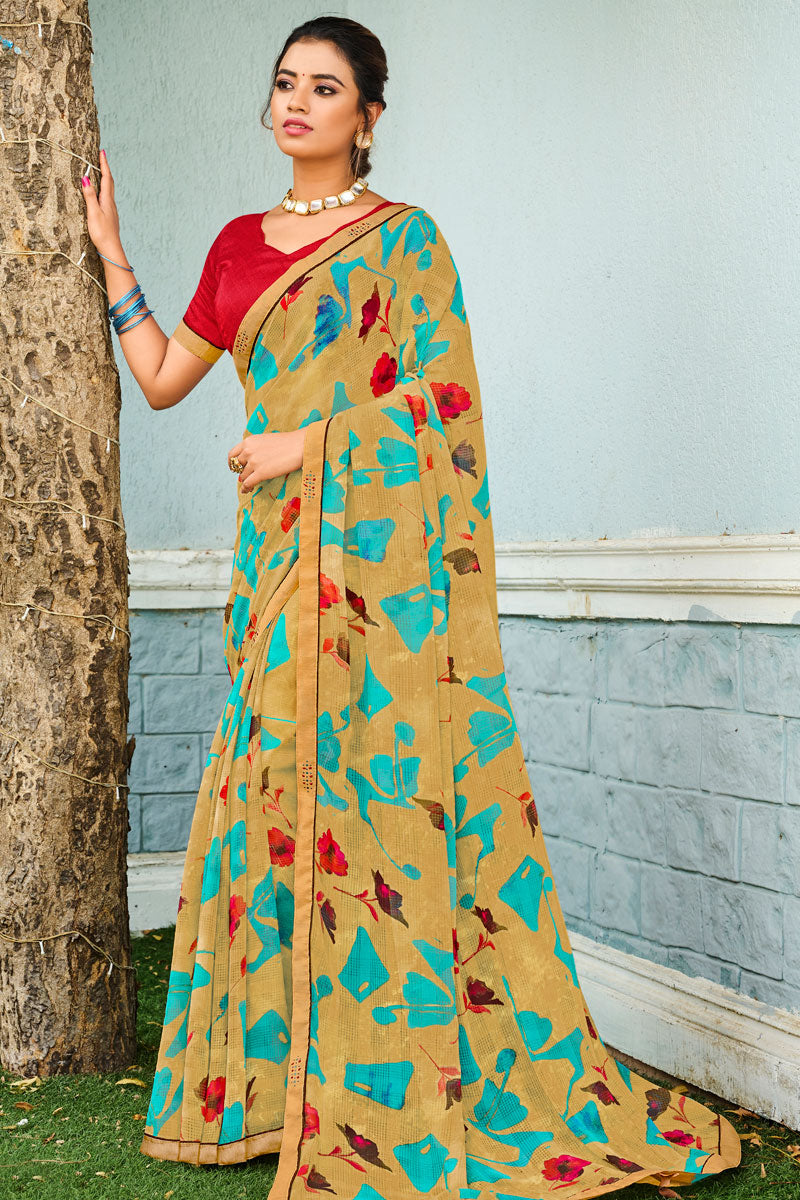 Elegant Georgette Fabric Cream Color Casual Look Printed Saree | Buy Online India