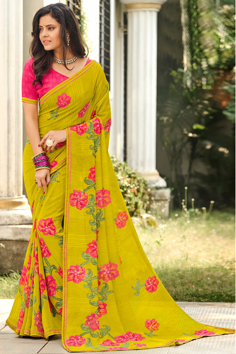 Yellow Color Lovely Light Weight Printed Georgette Saree | Buy Online India