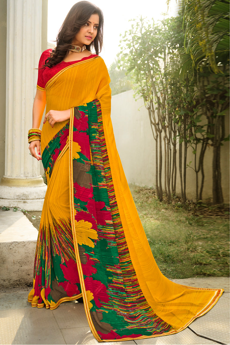 Mustard Color Bewitching Light Weight Printed Georgette Saree | Buy Online India