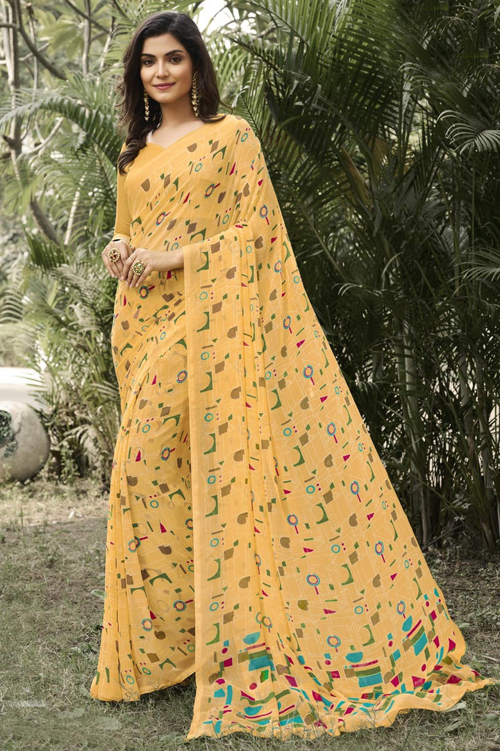 Printed Work On Georgette Fabric Bewitching Saree In Mustard Color