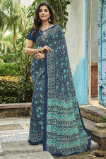 Load image into Gallery viewer, Navy Blue Color Georgette Fabric Coveted Saree With Printed Work
