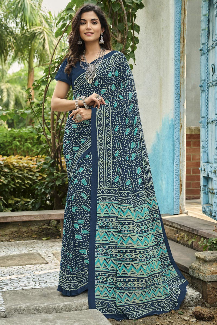 Navy Blue Color Georgette Fabric Coveted Saree With Printed Work