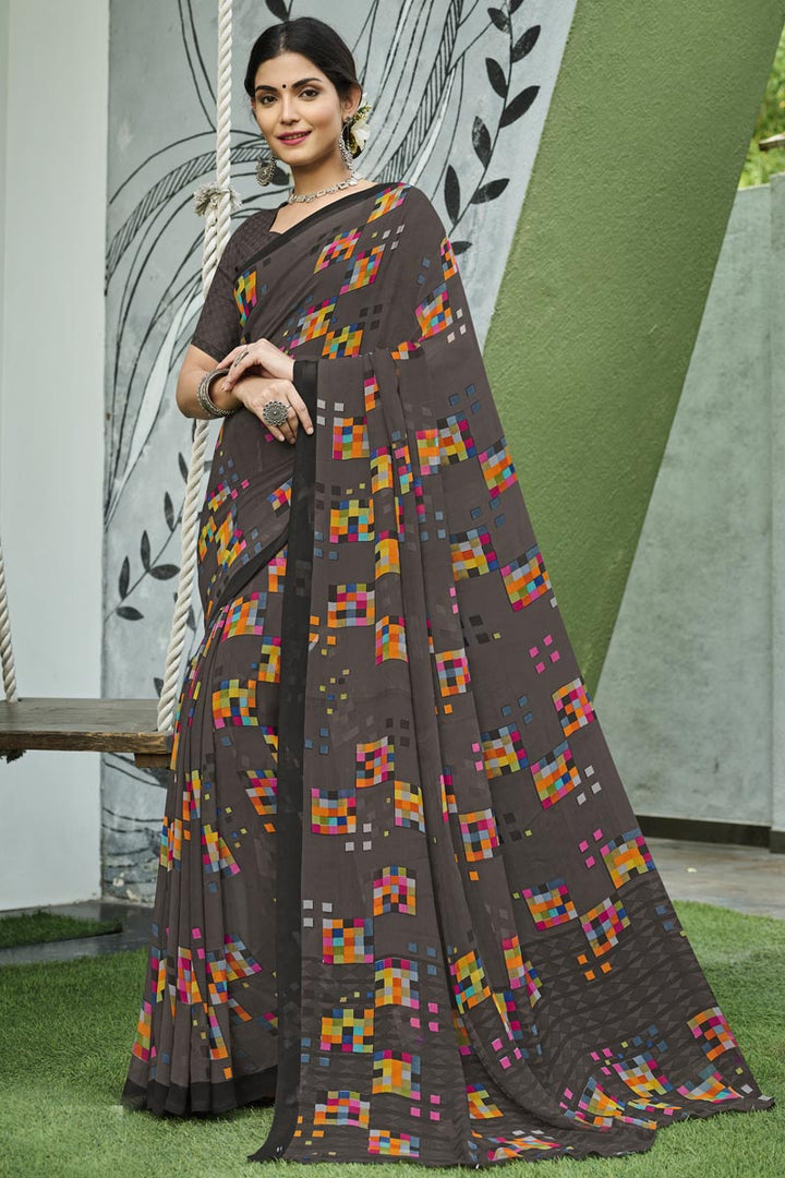 Georgette Fabric Brown Color Excellent Saree With Printed Work