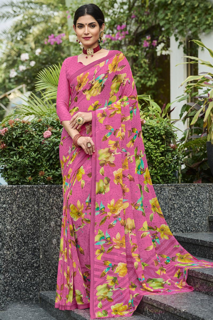 Printed Work On Pink Color Georgette Fabric Princely Saree