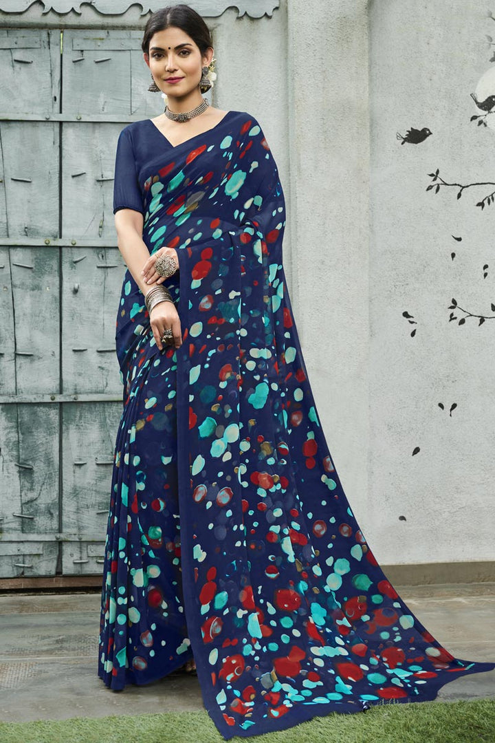 Georgette Fabric Navy Blue Color Patterned Saree With Printed Work