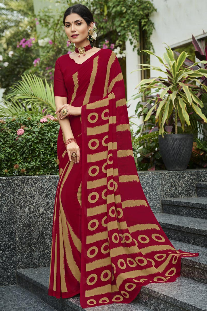 Red Color Georgette Fabric Engaging Saree With Printed Work