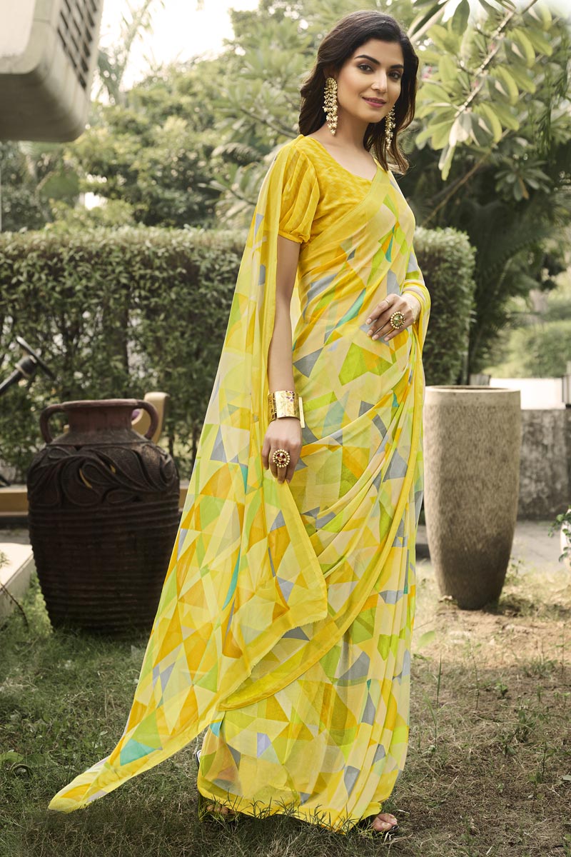 Orange Color Printed Work On Georgette Fabric Stunning Saree