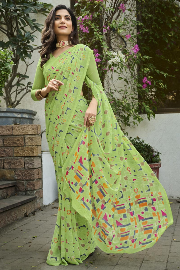Incredible Printed Work On Georgette Fabric Wine Color Saree