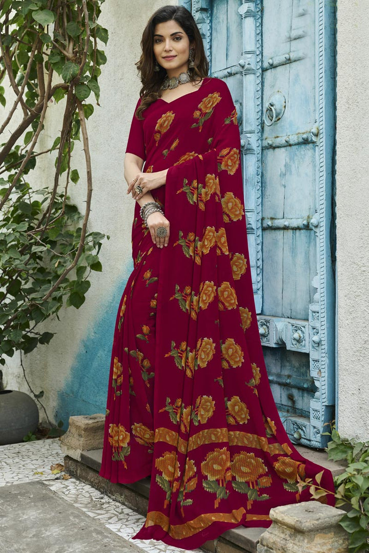 Georgette Fabric Red Color Delicate Saree With Printed Work