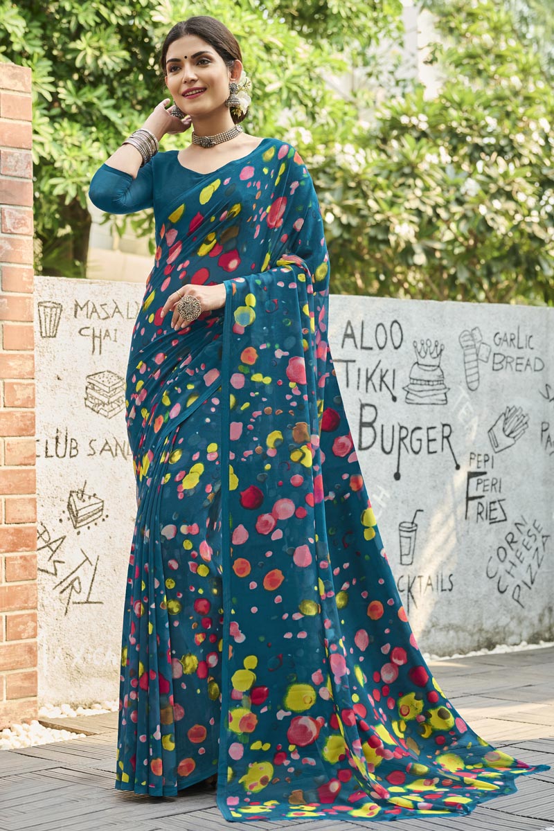 Engaging Teal Color Georgette Fabric Saree With Printed Work