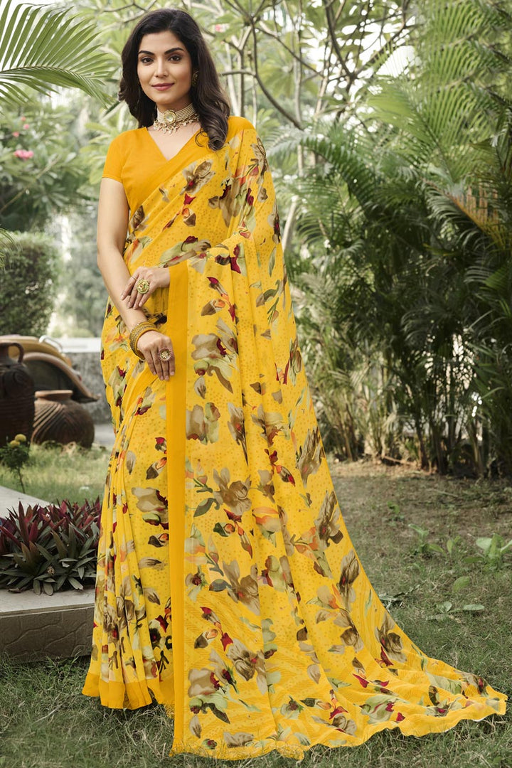 Amazing Printed Work On Yellow Color Georgette Fabric Saree