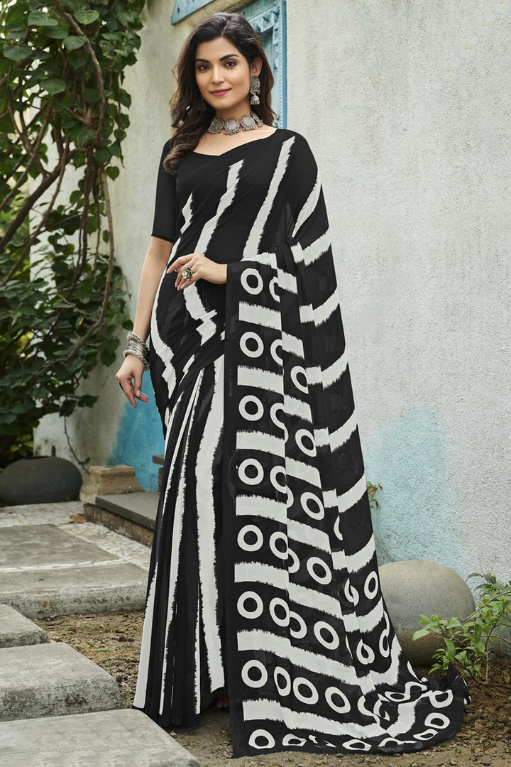 Trendy Georgette Fabric Black Color Saree With Printed Work