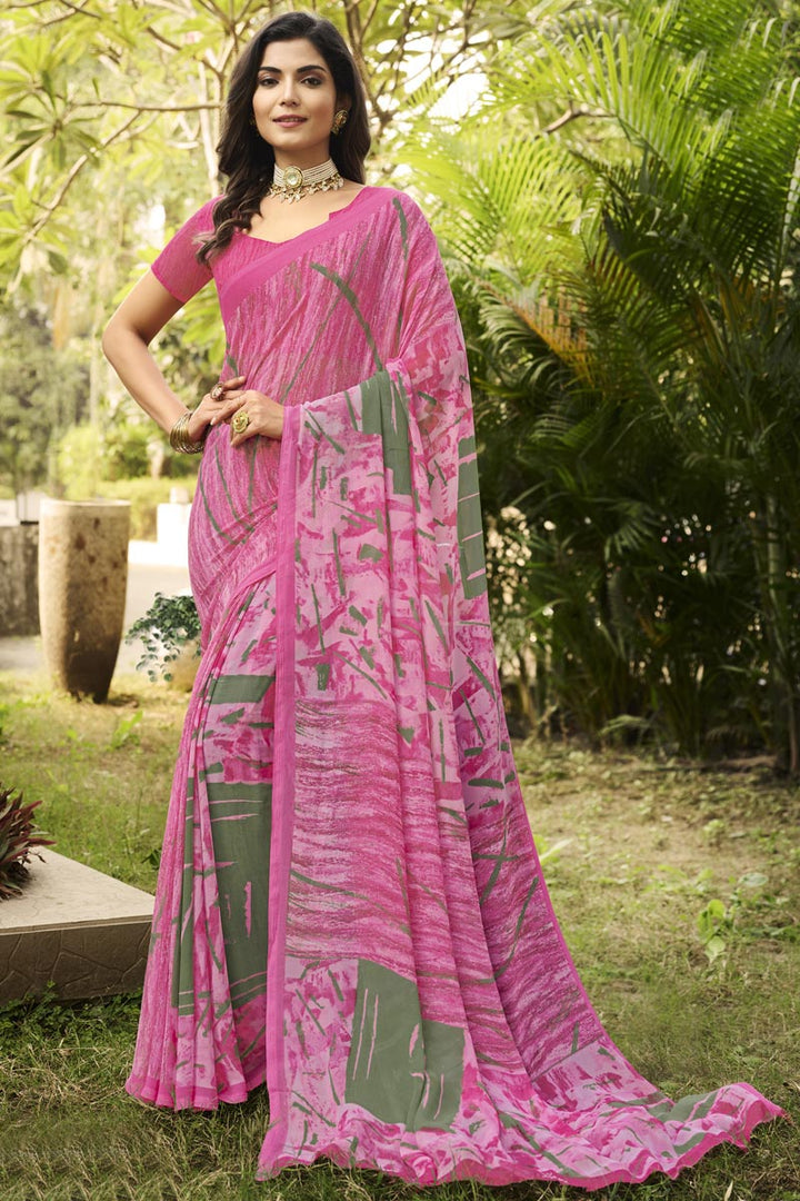 Pink Color Printed Work On Georgette Fabric Chic Saree