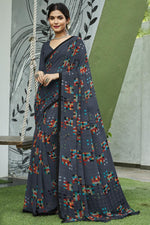 Load image into Gallery viewer, Soothing Printed Work On Grey Color Georgette Fabric Saree
