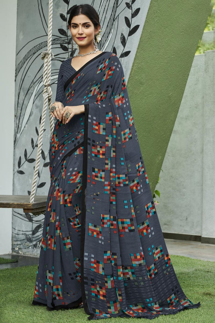 Soothing Printed Work On Grey Color Georgette Fabric Saree