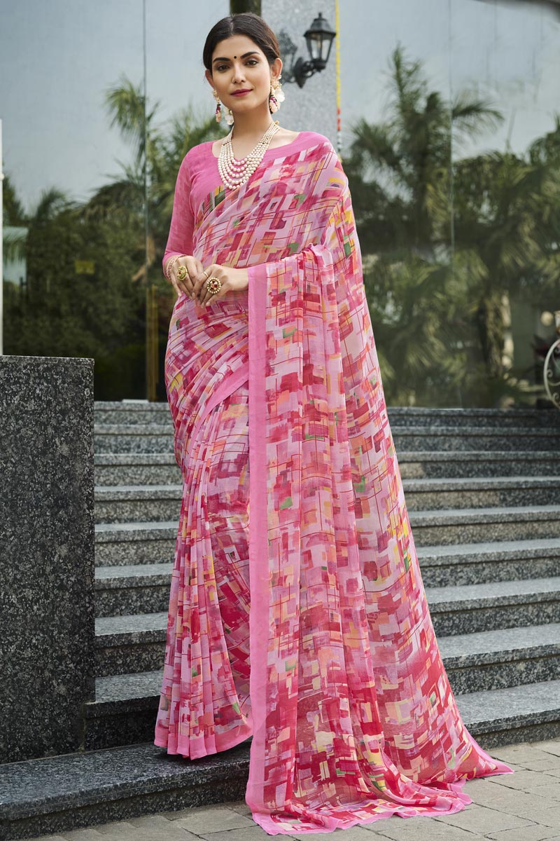Daily Wear Georgette Fabric Pink Color Gorgeous Saree
