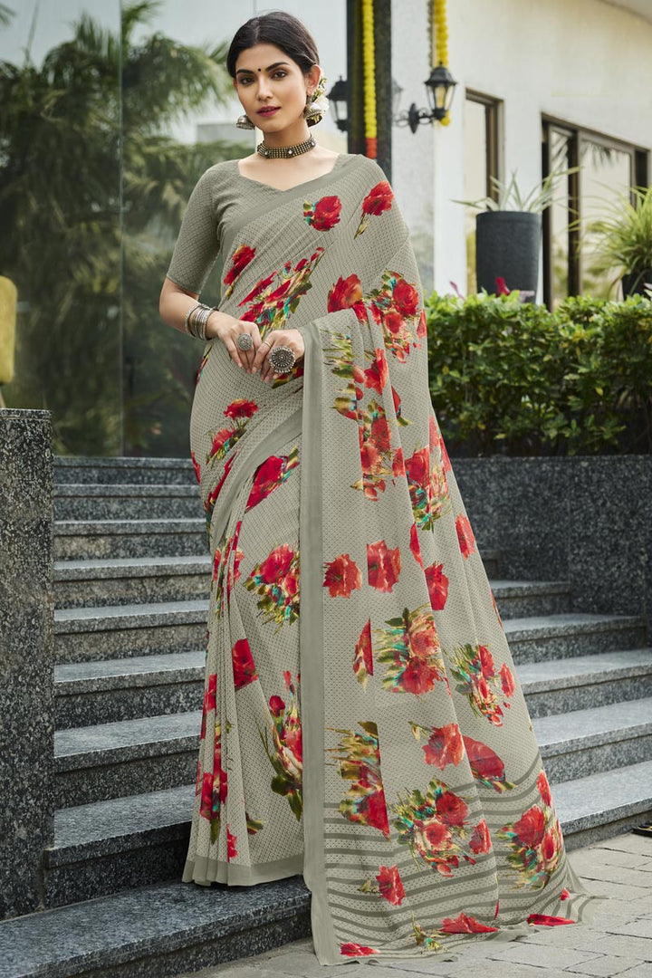 Graceful Georgette Fabric Grey Color Daily Wear Saree