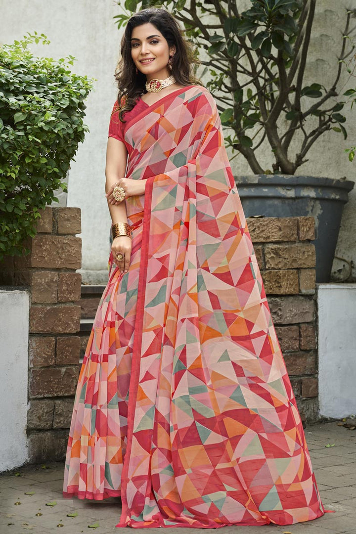 Peach Color Georgette Fabric Special Saree With Printed Work
