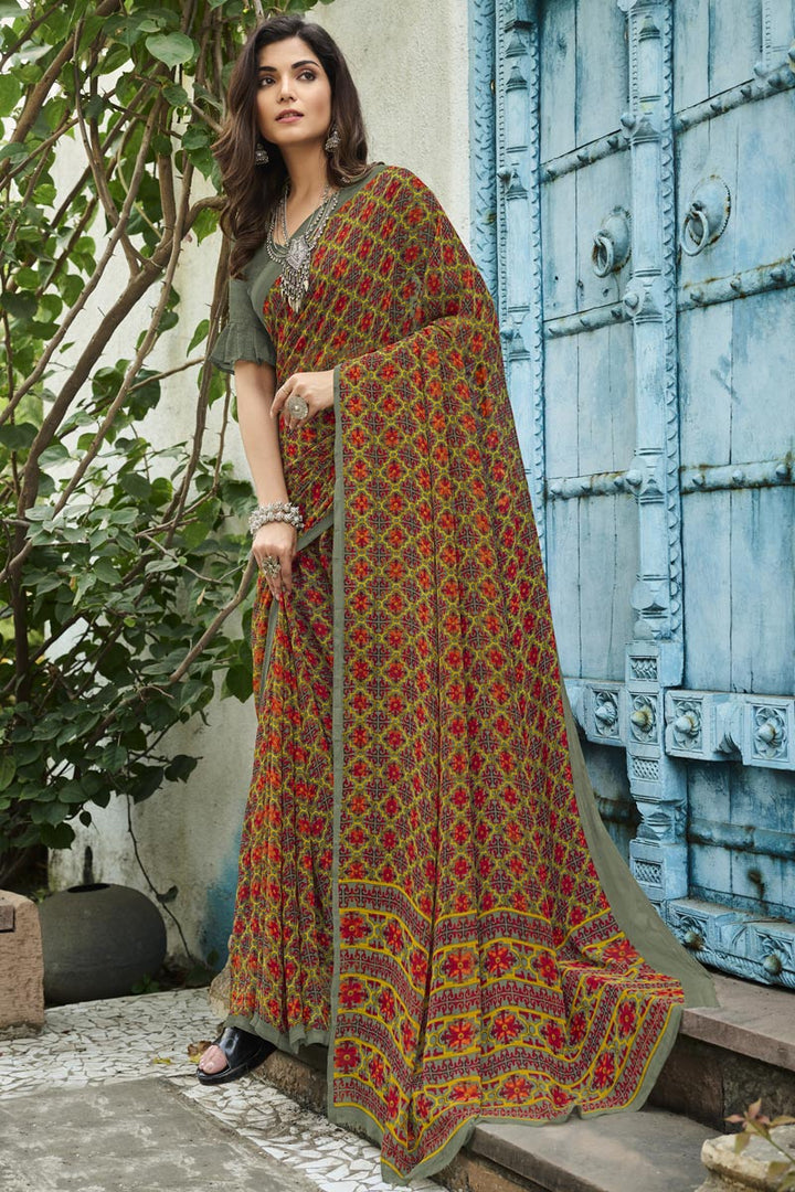Georgette Fabric Khaki Color Pleasance Saree With Printed Work