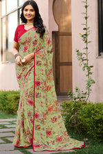 Load image into Gallery viewer, Sea Green Color Chic Casual Look Floral Printed Georgette Saree
