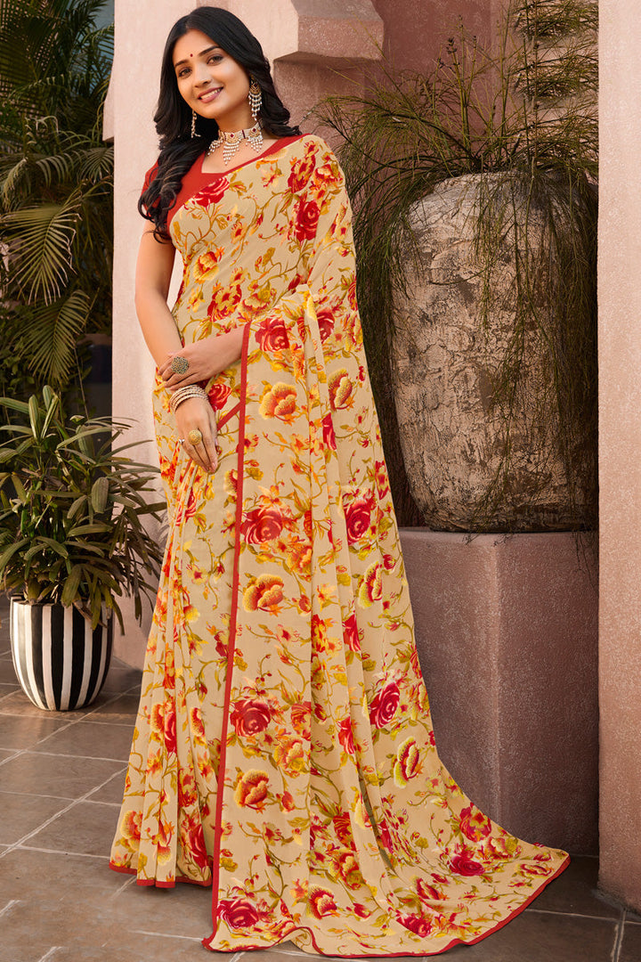 Cream Color Soothing Casual Look Floral Printed Georgette Saree