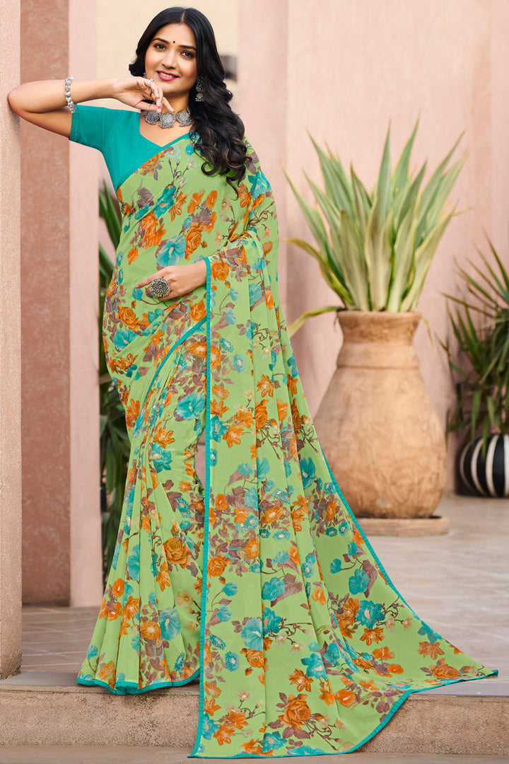 Green Color Awesome Casual Look Floral Printed Georgette Saree