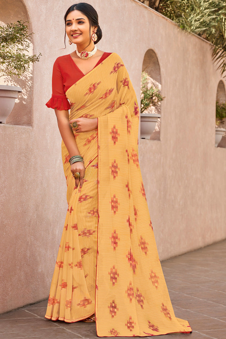Stunning Casual Look Floral Printed Georgette Saree In Yellow Color