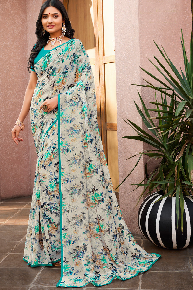 Beige Color Pleasant Casual Look Floral Printed Georgette Saree