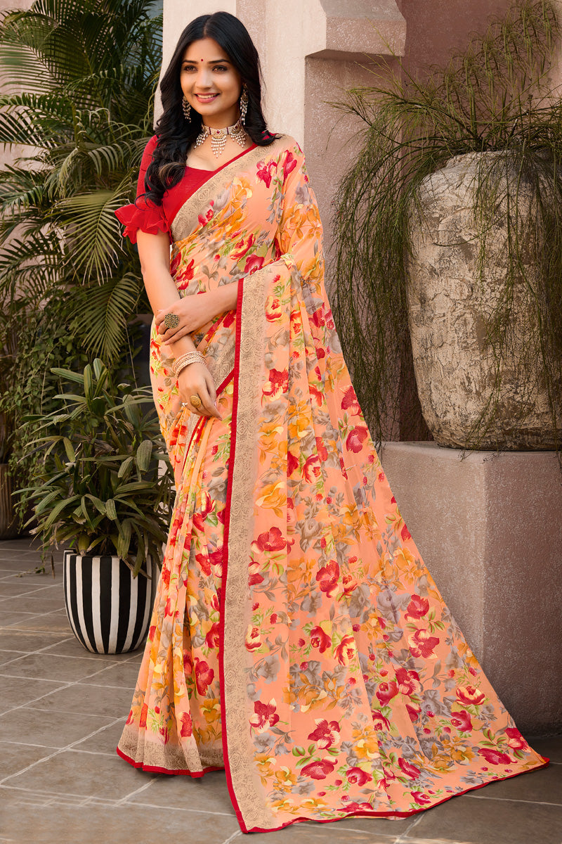 Peach Color Enticing Casual Look Floral Printed Georgette Saree | Buy Online India