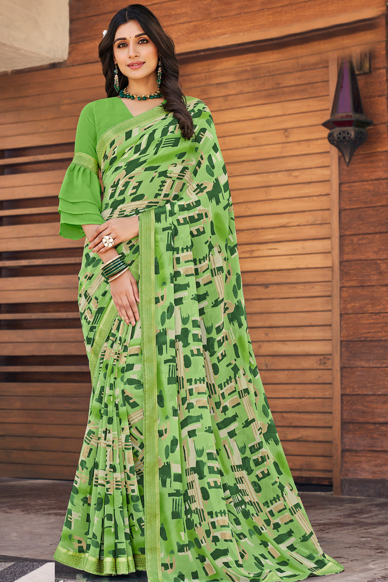 Green Color Parity Georgette Light Weight Casual Saree