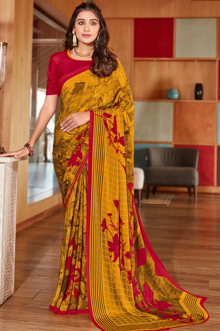 Printed Work On Mustard Color Casual Wear Classic Saree In Crepe Fabric
