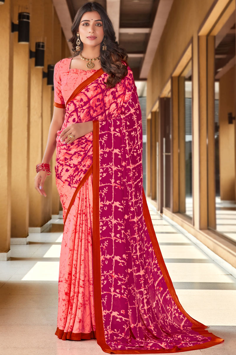 Peach Color Printed Work Crepe Fabric Casual Wear Stunning Saree