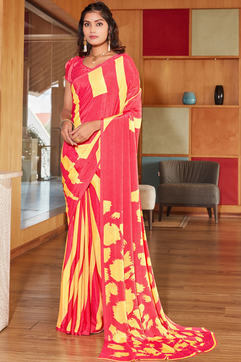 Classic Printed Work Pink Color Casual Wear Saree In Crepe Fabric