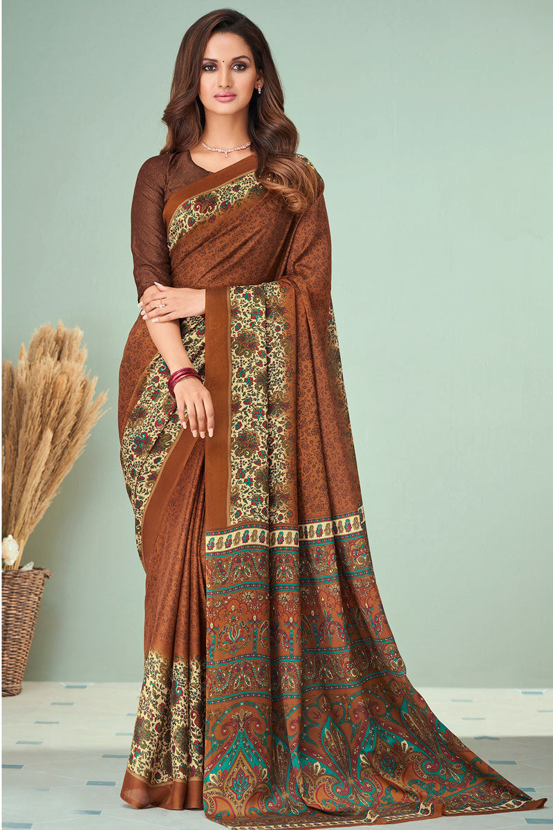 Brown Color Georgette Fabric Charming Printed Light Weight Saree